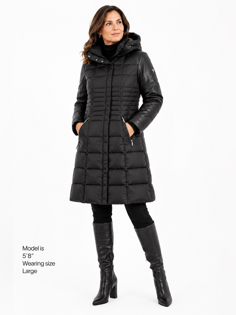 GUESS Black Hooded Long Puffer Coat Faux Leather Moto Trim Y2K StreetStyle L